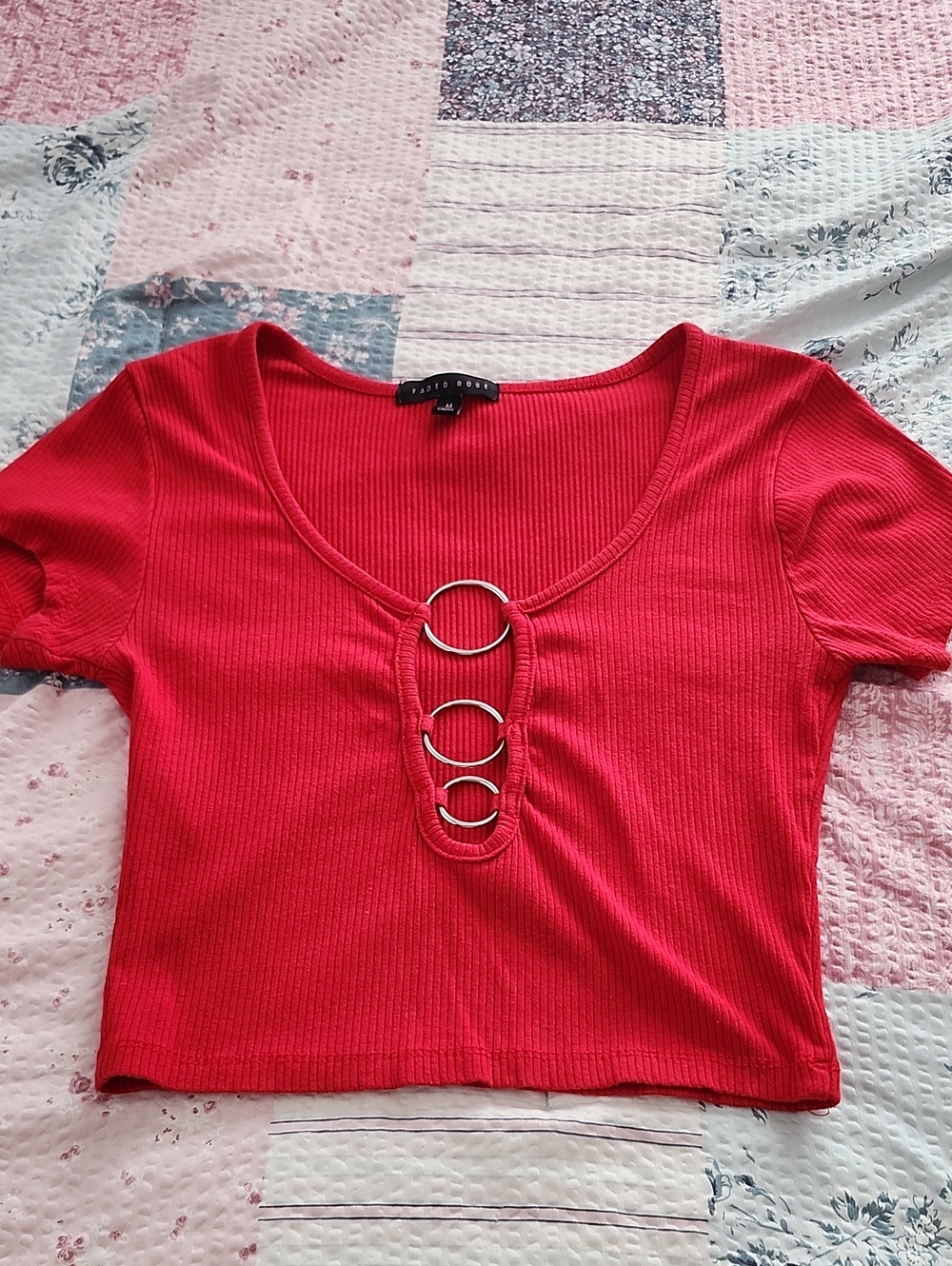 Red Ring-Front Ribbed Crop Top